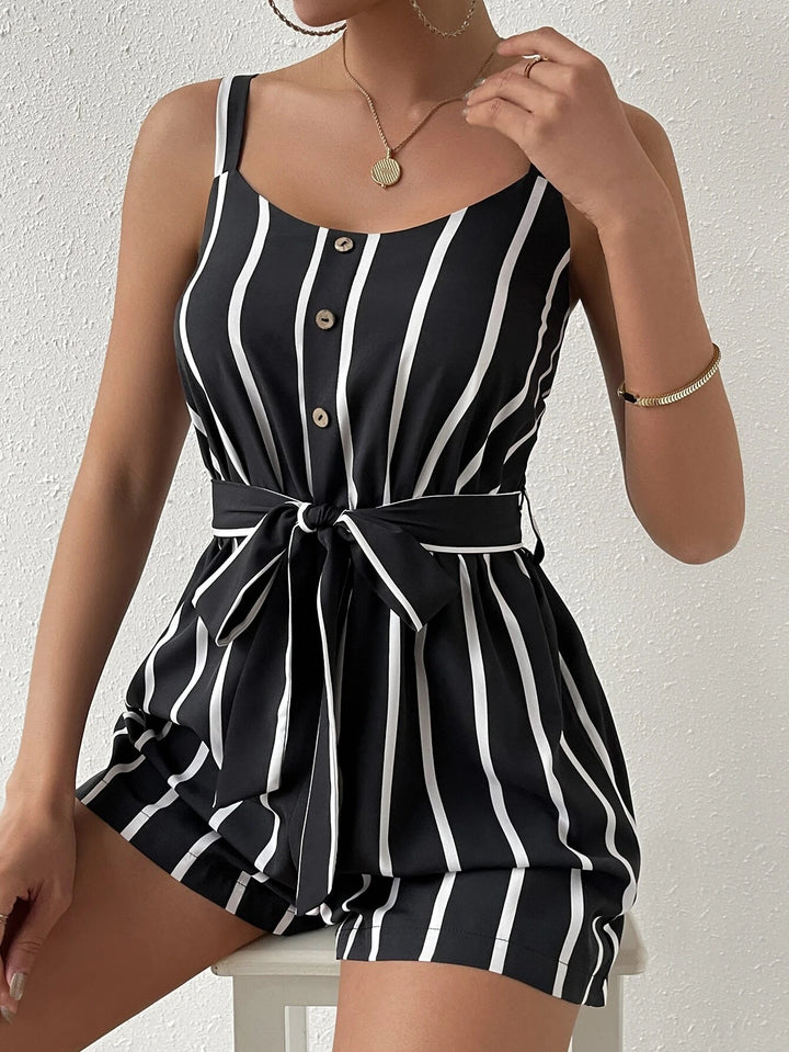 Striped Print Belted Cami Romper