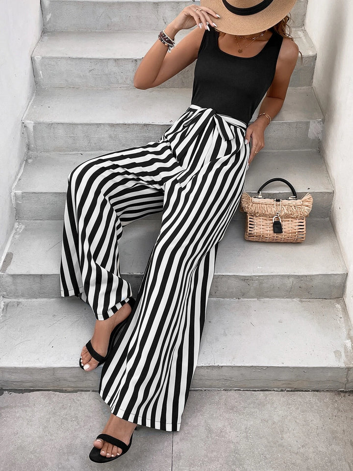 Striped Print Belted Jumpsuit