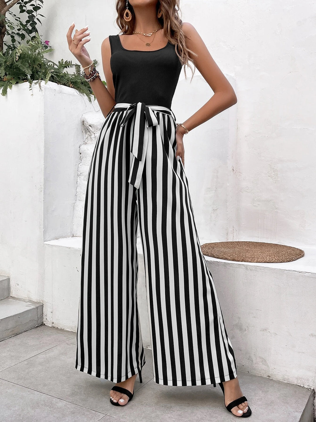 Striped Print Belted Jumpsuit