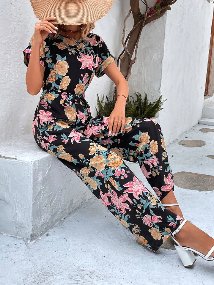 Floral Print Wide Leg Belted Jumpsuit