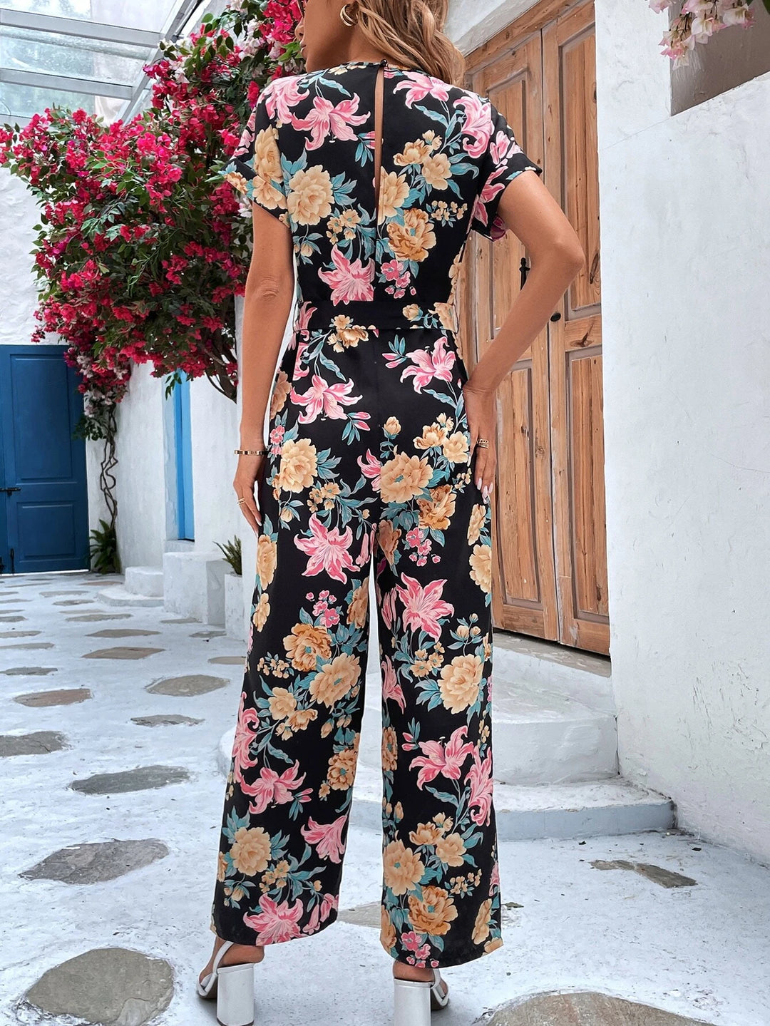 Floral Print Wide Leg Belted Jumpsuit – Comfy Jumpsuits