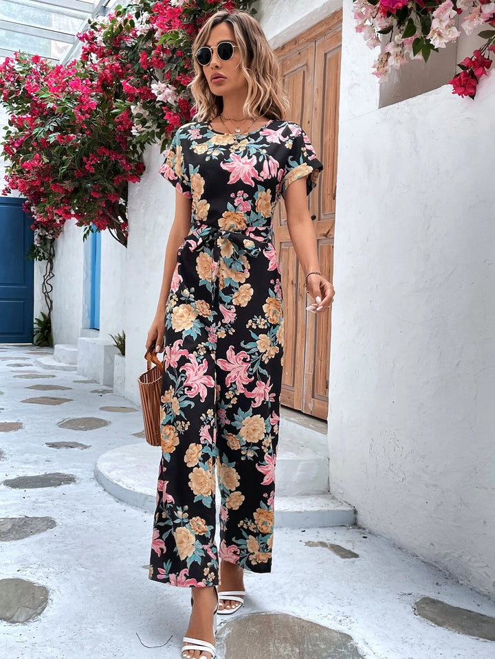 Floral Print Wide Leg Belted Jumpsuit