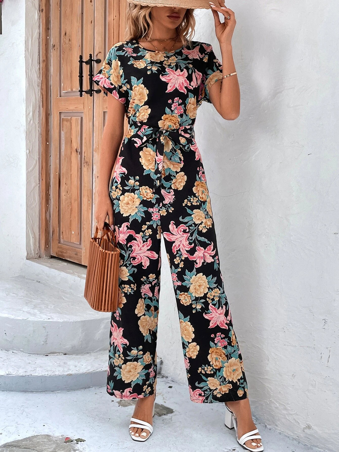 Floral Print Wide Leg Belted Jumpsuit