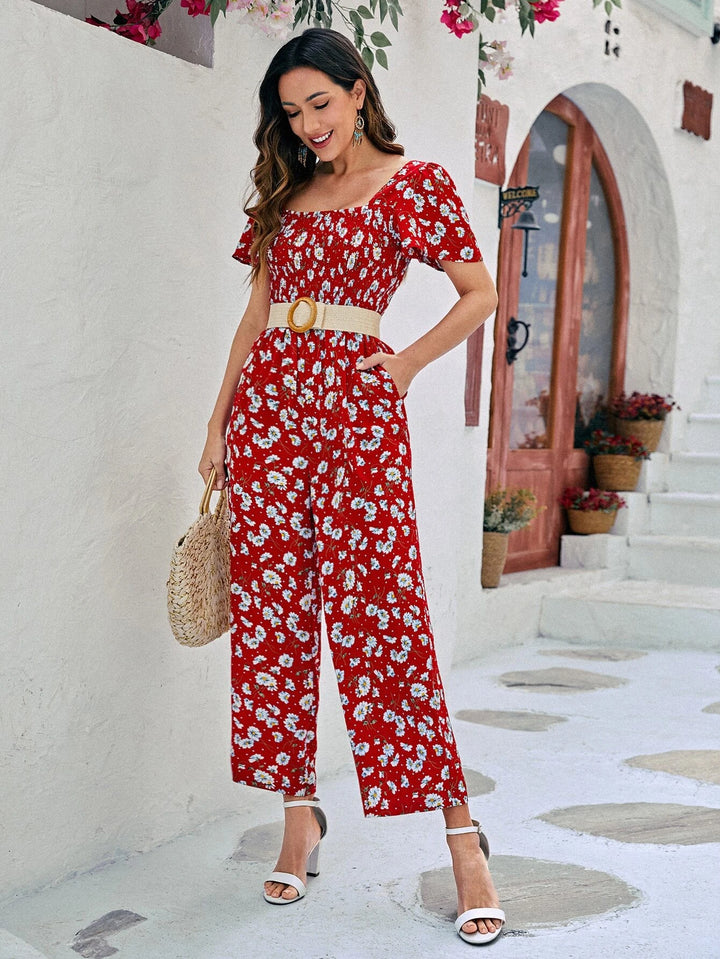 Floral Print Square Neckline Jumpsuit