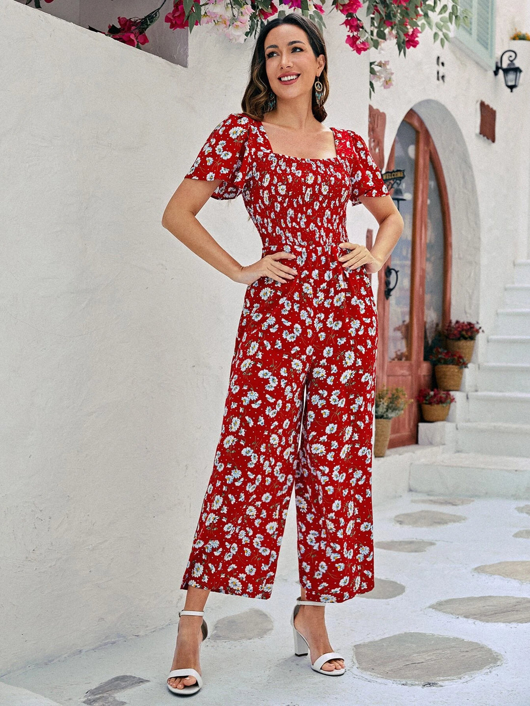 Floral Print Square Neckline Jumpsuit