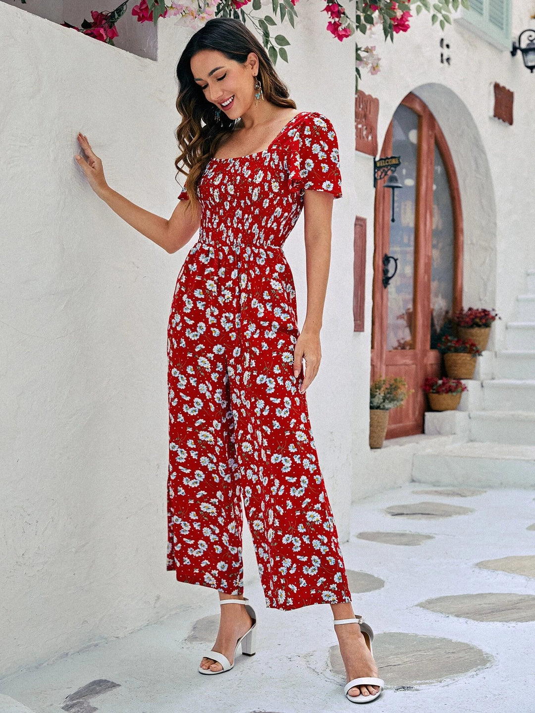 Floral Print Square Neckline Jumpsuit