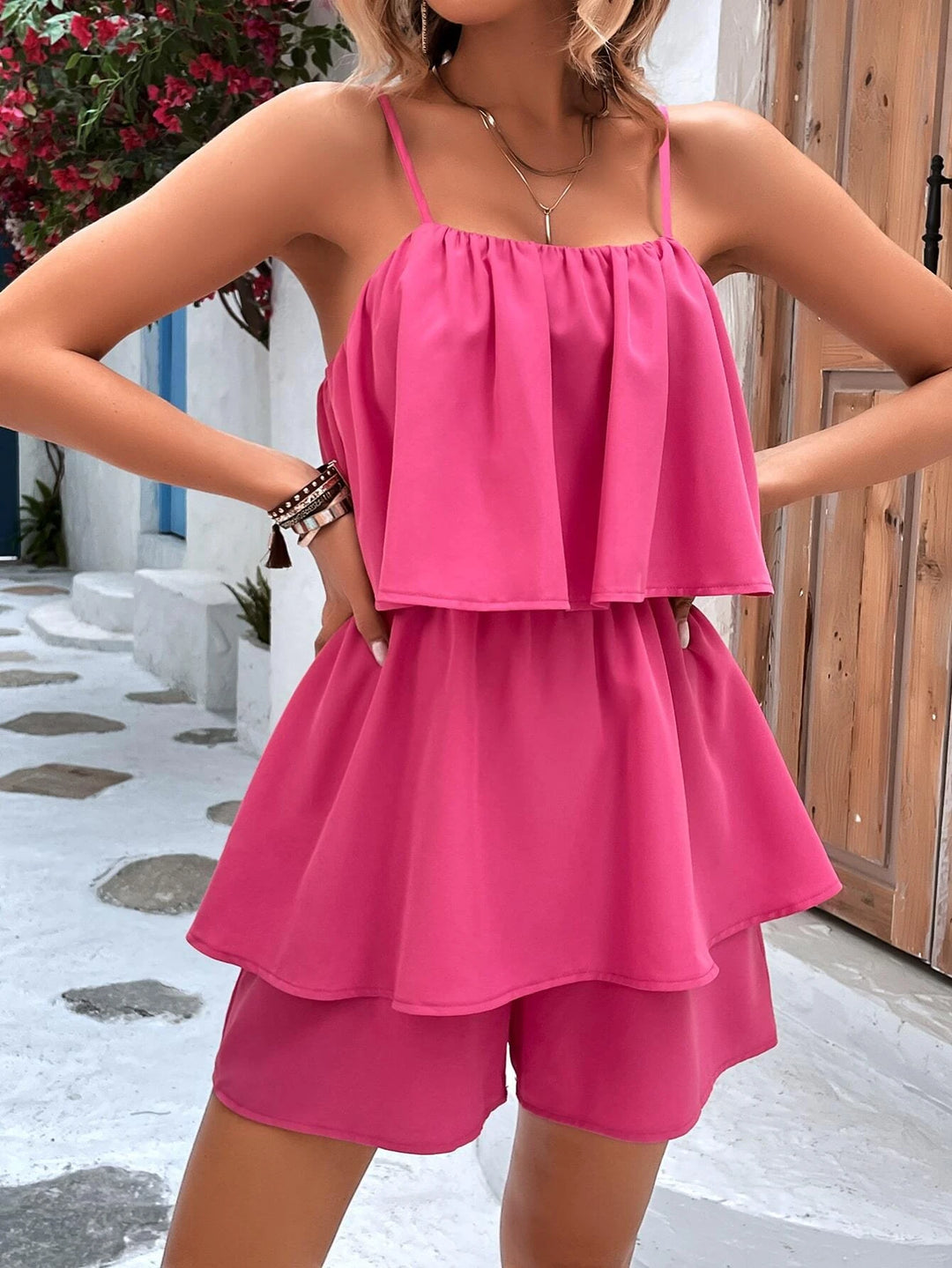 Ruffle Trim Sleeveless Cami Romper