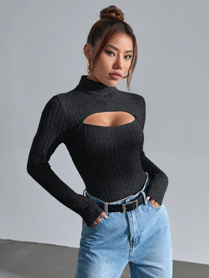 Ribbed Knit Cut Out Front Turtleneck Bodysuit