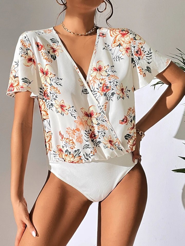 Floral Print Surplice Neck Butterfly Sleeve Bodysuit