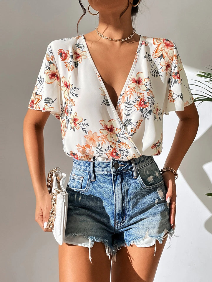 Floral Print Surplice Neck Butterfly Sleeve Bodysuit