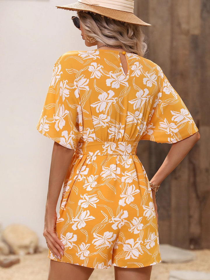 Floral Sleeve Belted Romper