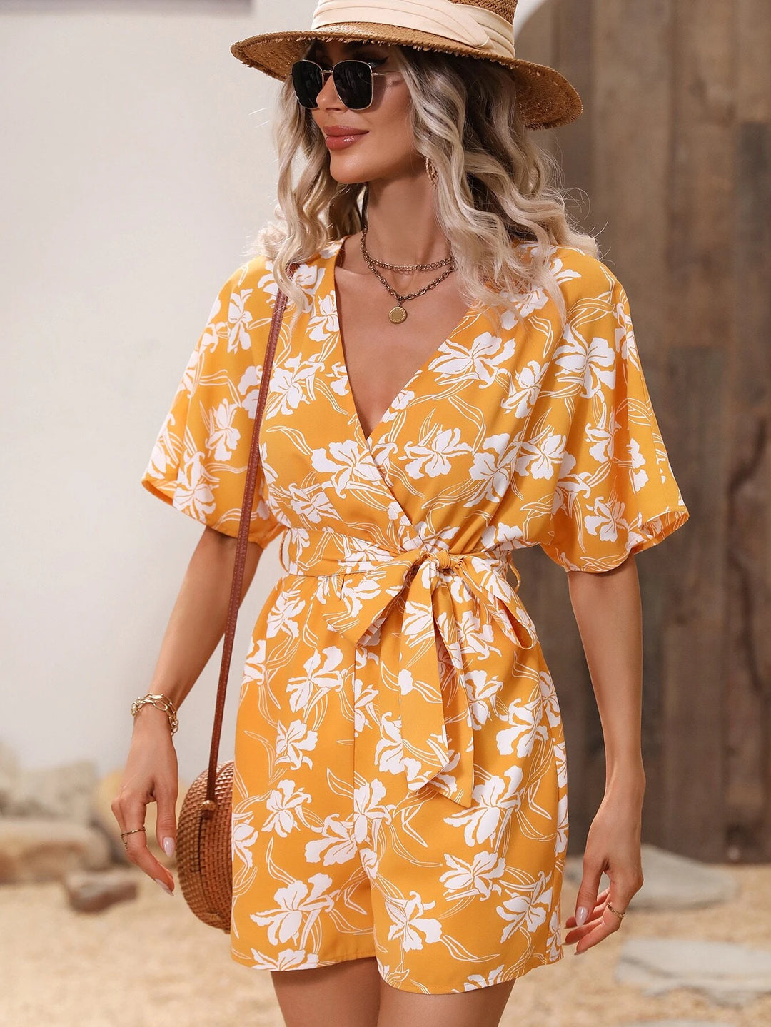 Floral Sleeve Belted Romper