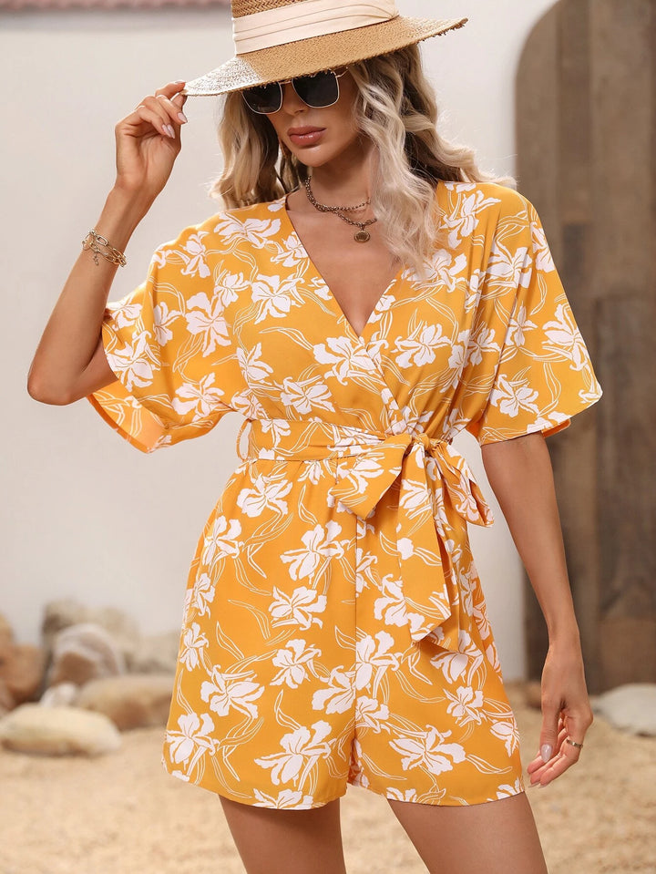 Floral Sleeve Belted Romper