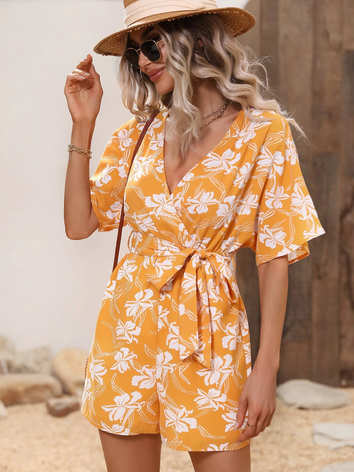 Floral Sleeve Belted Romper