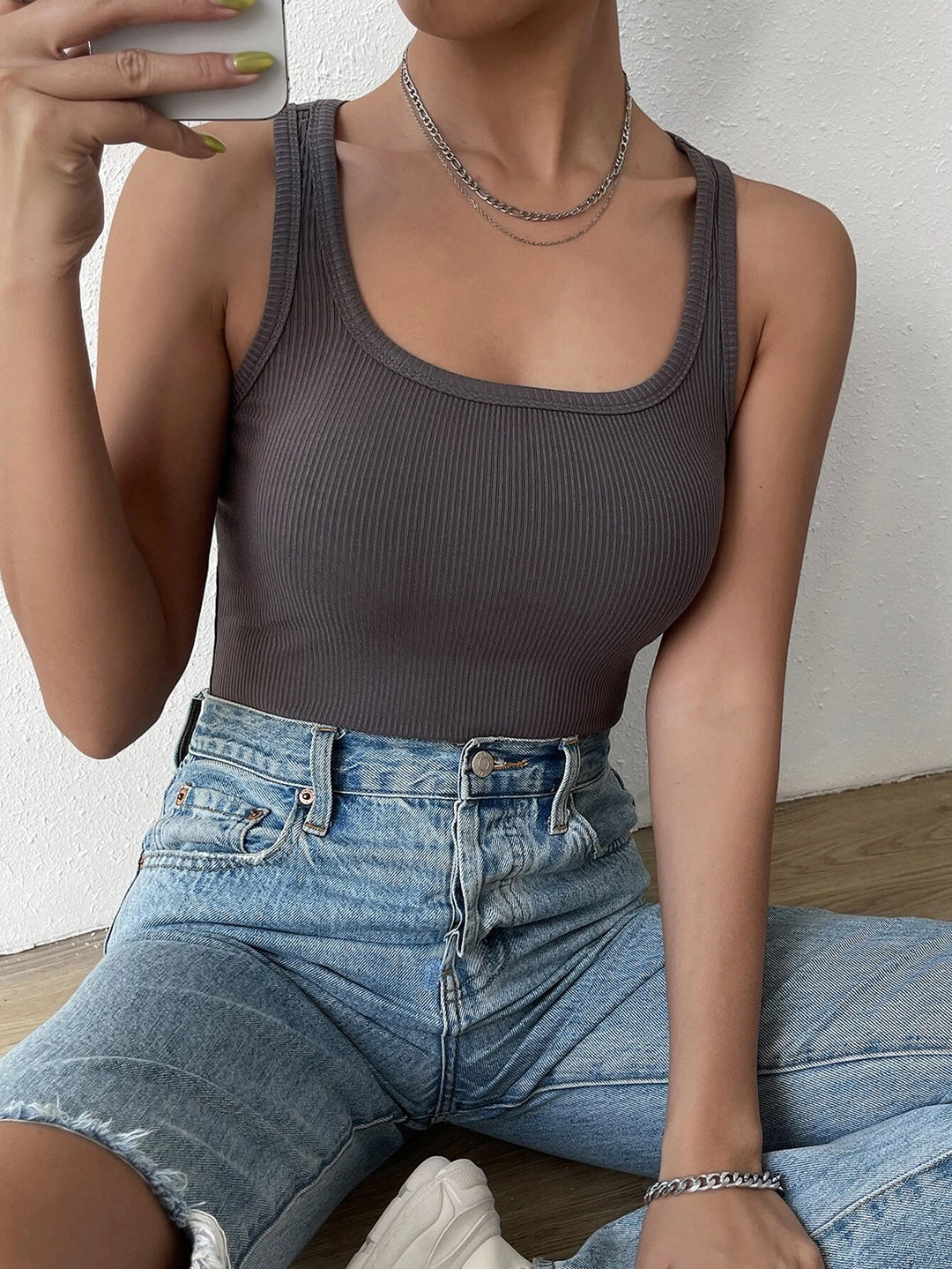 Solid Ribbed Knit Tank Bodysuit