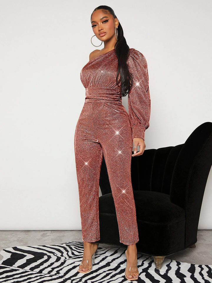 One Shoulder Ruched Glitter Jumpsuit