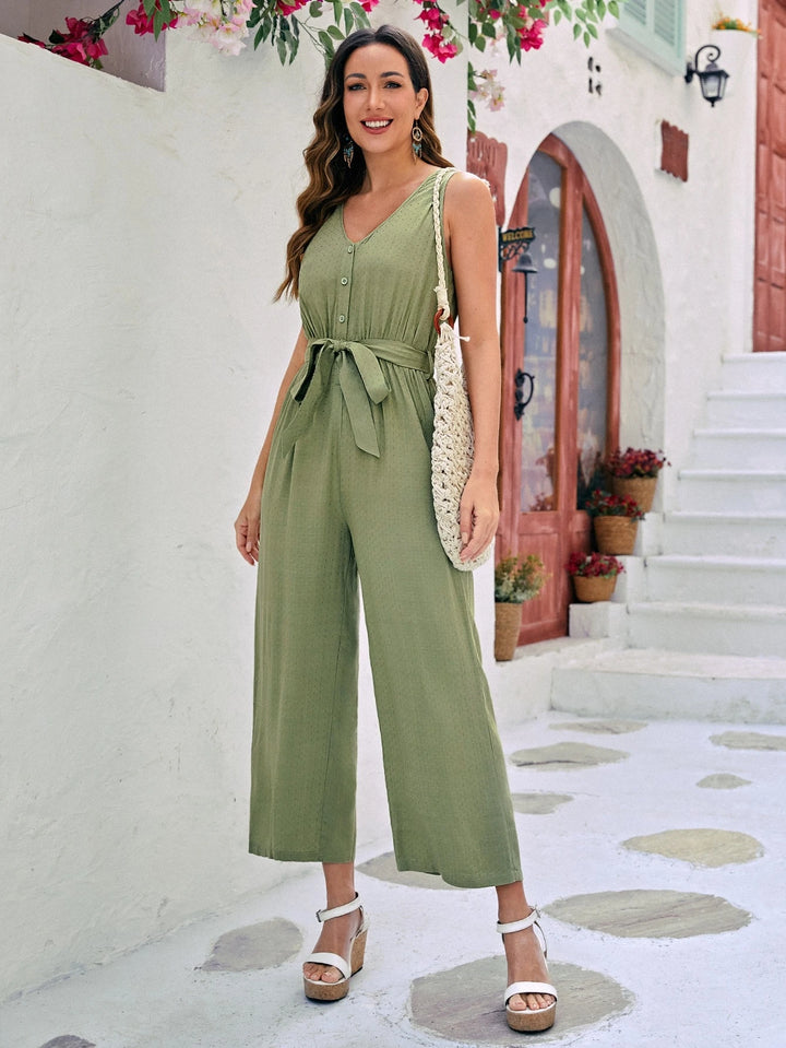 Solid Belted Wide Leg Jumpsuit