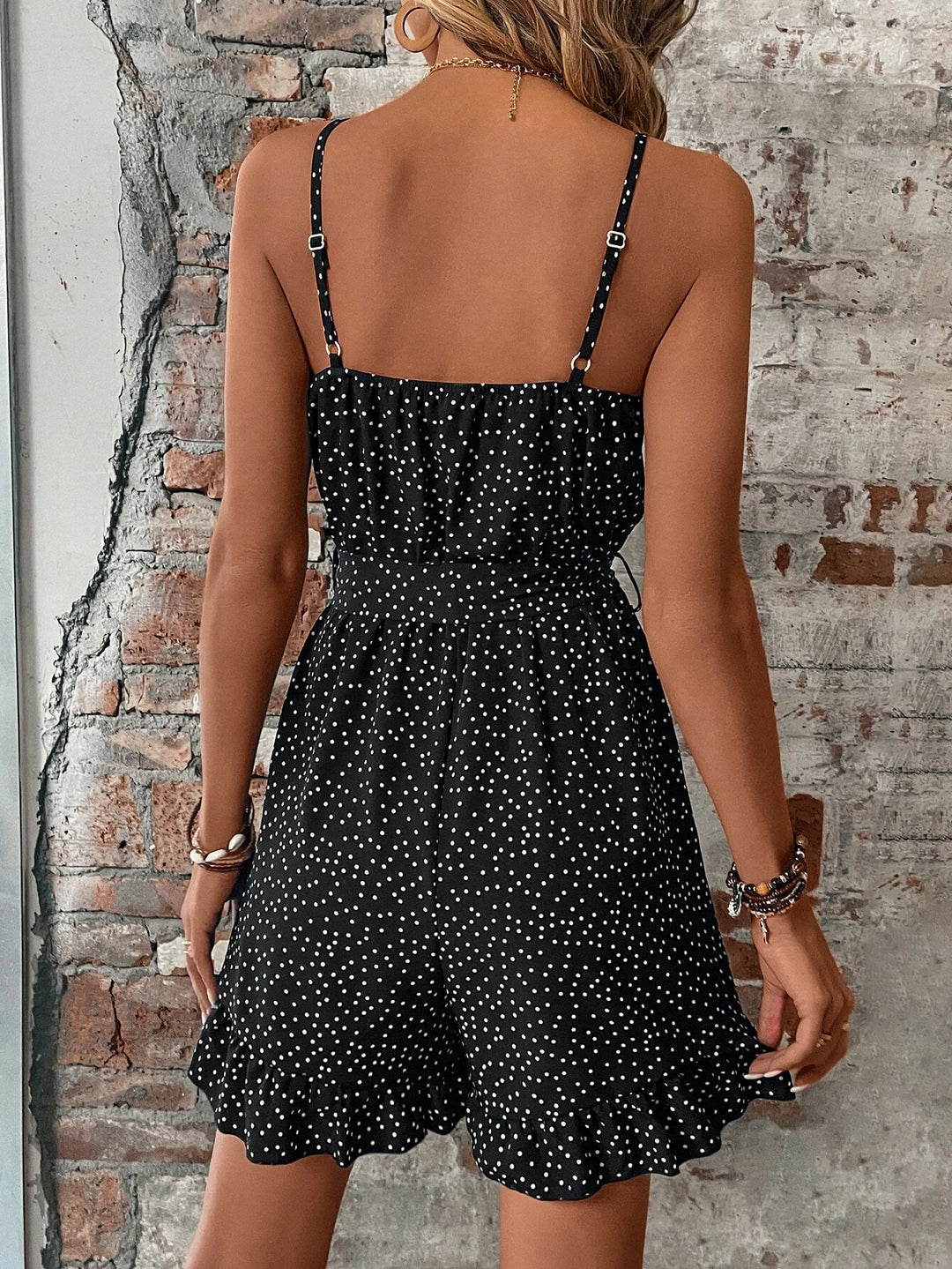 Dot Ruffle Hem Belted Cami Romper