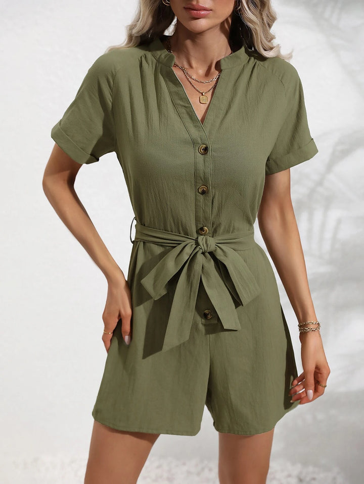 Button Front Belted Romper