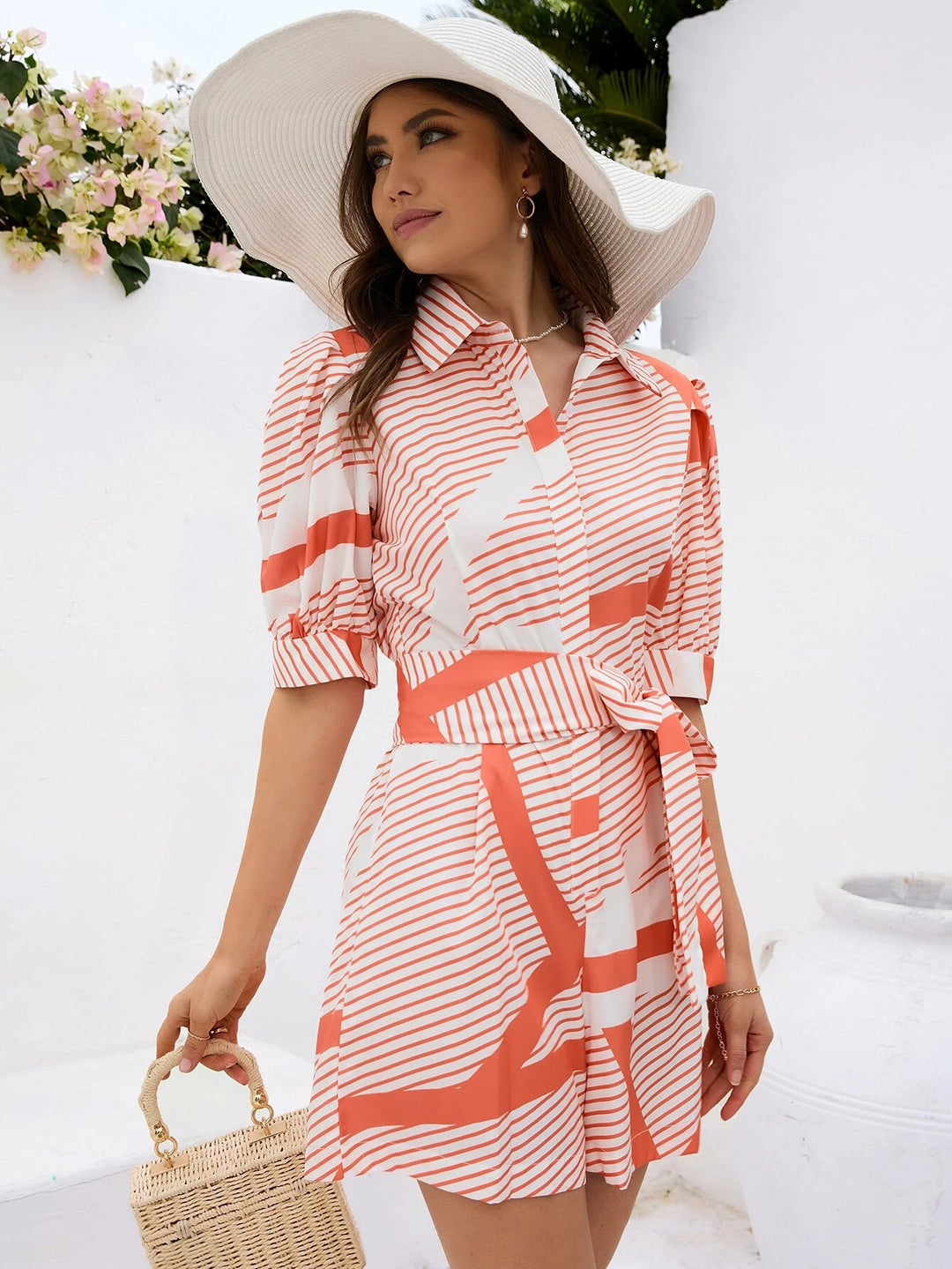 Striped Print Puff Sleeve Belted Shirt