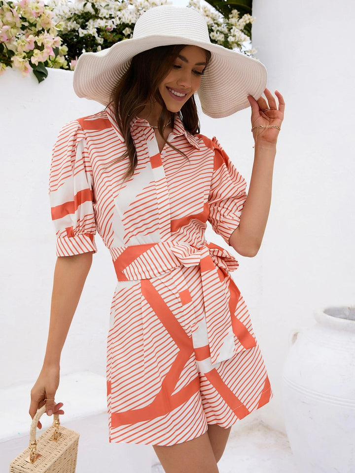 Striped Print Puff Sleeve Belted Shirt