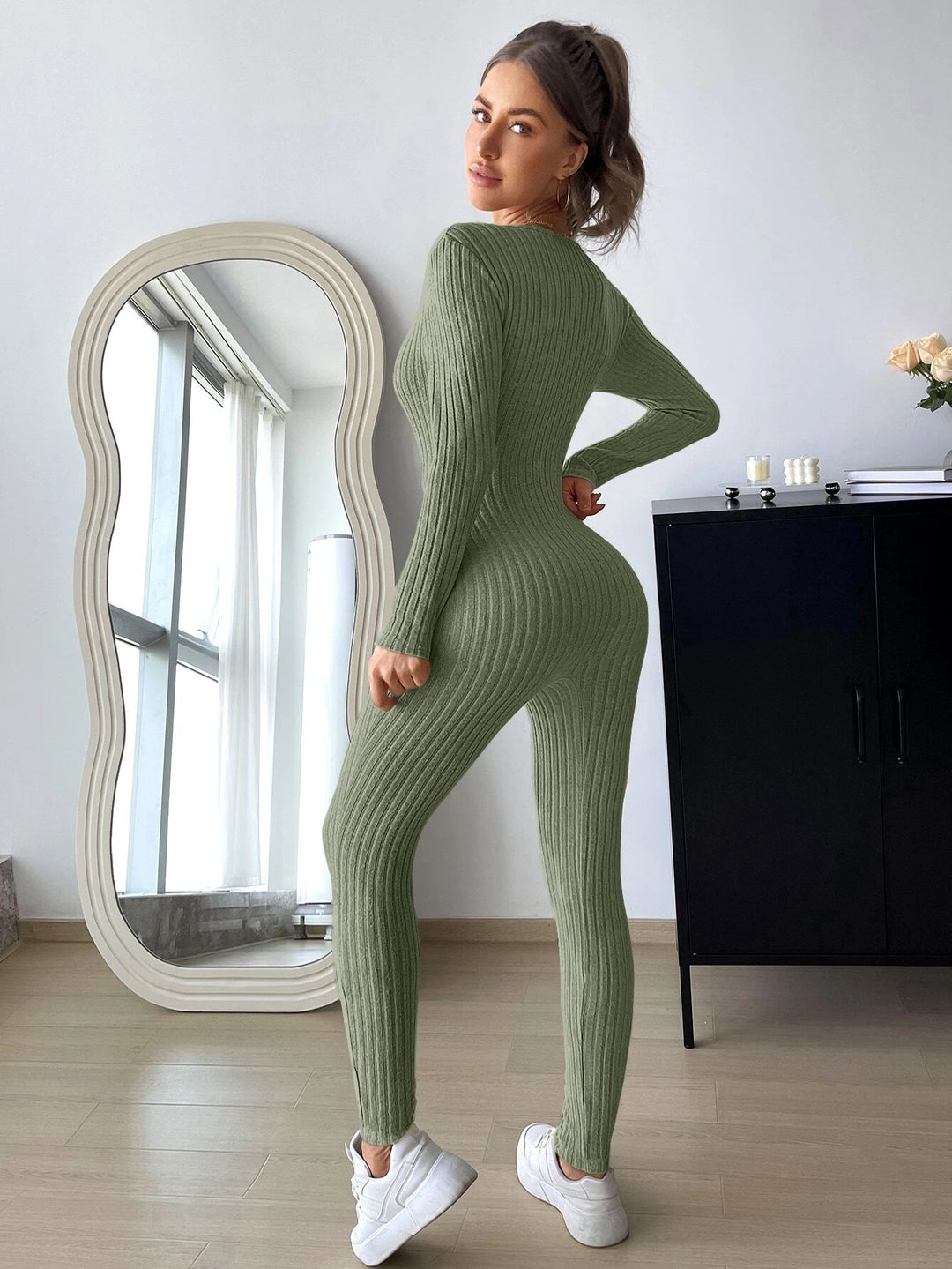 Solid Ribbed Knit Scoop Neck Unitard Jumpsuit