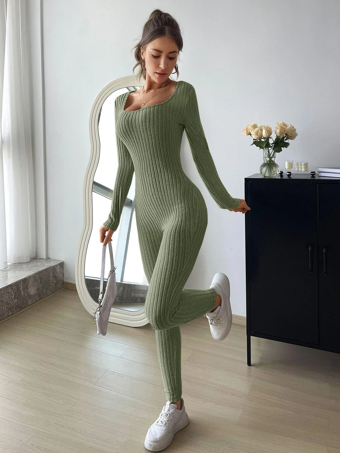 Solid Ribbed Knit Scoop Neck Unitard Jumpsuit