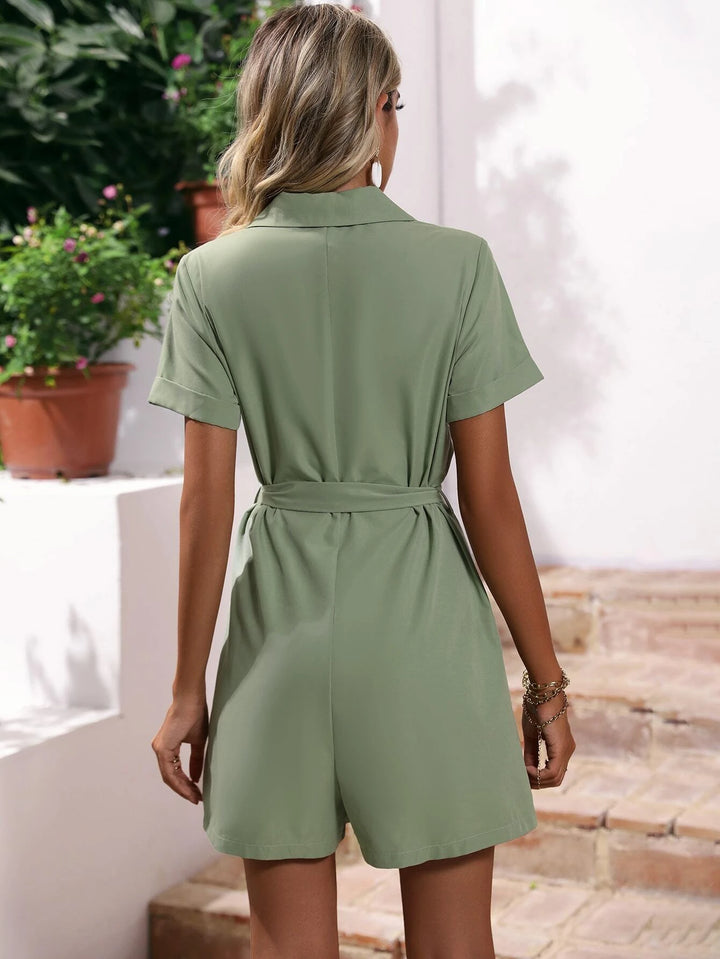 Roll Up Sleeve Belted Shirt Romper