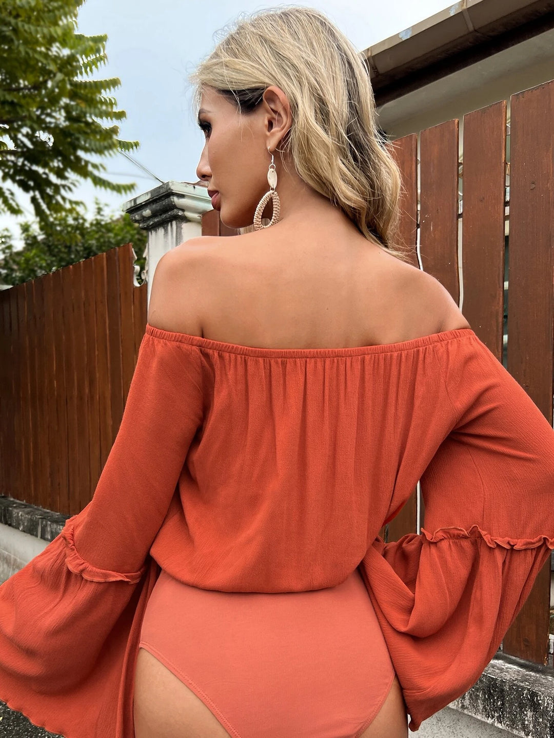 Off Shoulder Flounce Sleeve Bodysuit