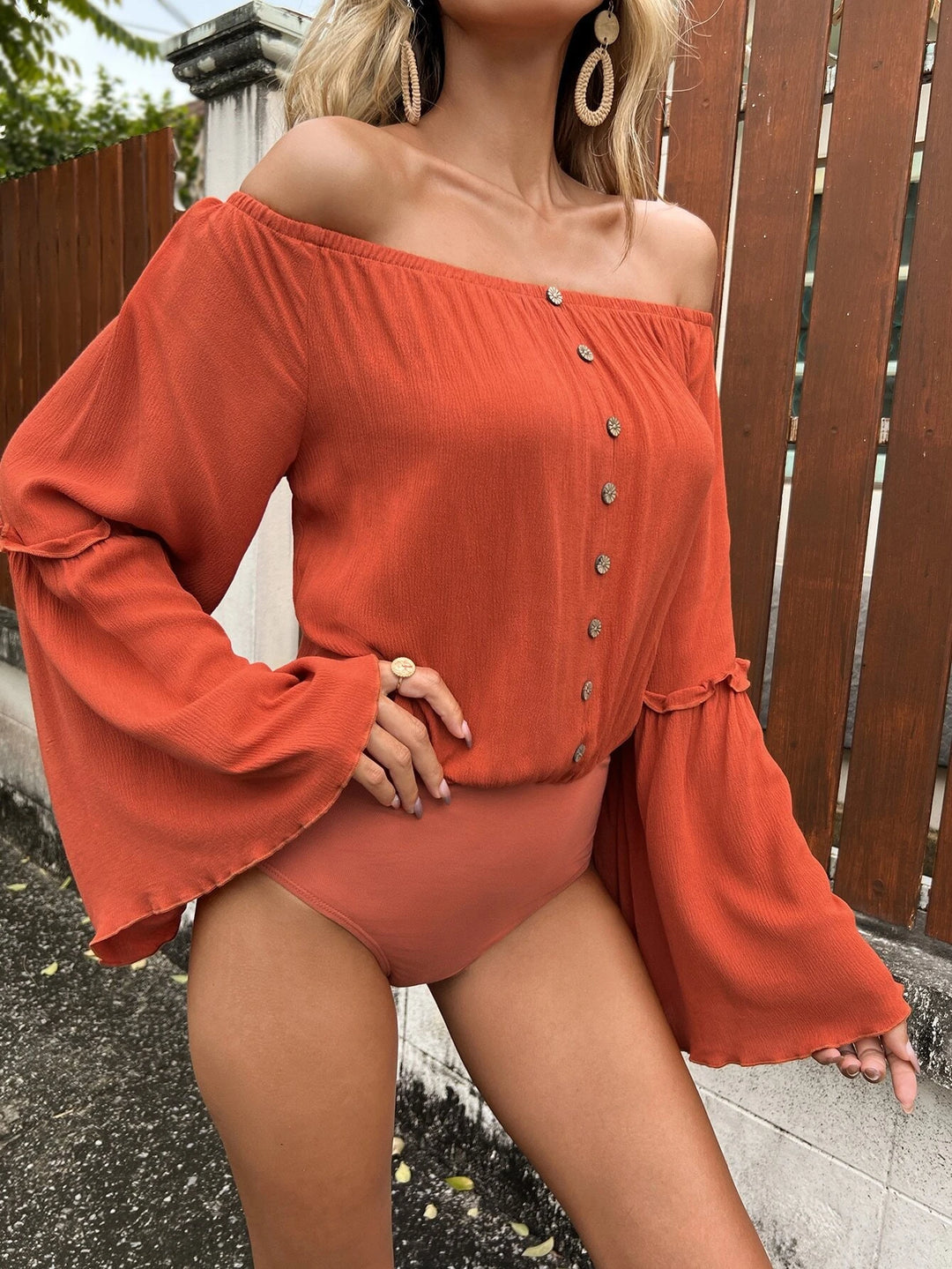 Off Shoulder Flounce Sleeve Bodysuit