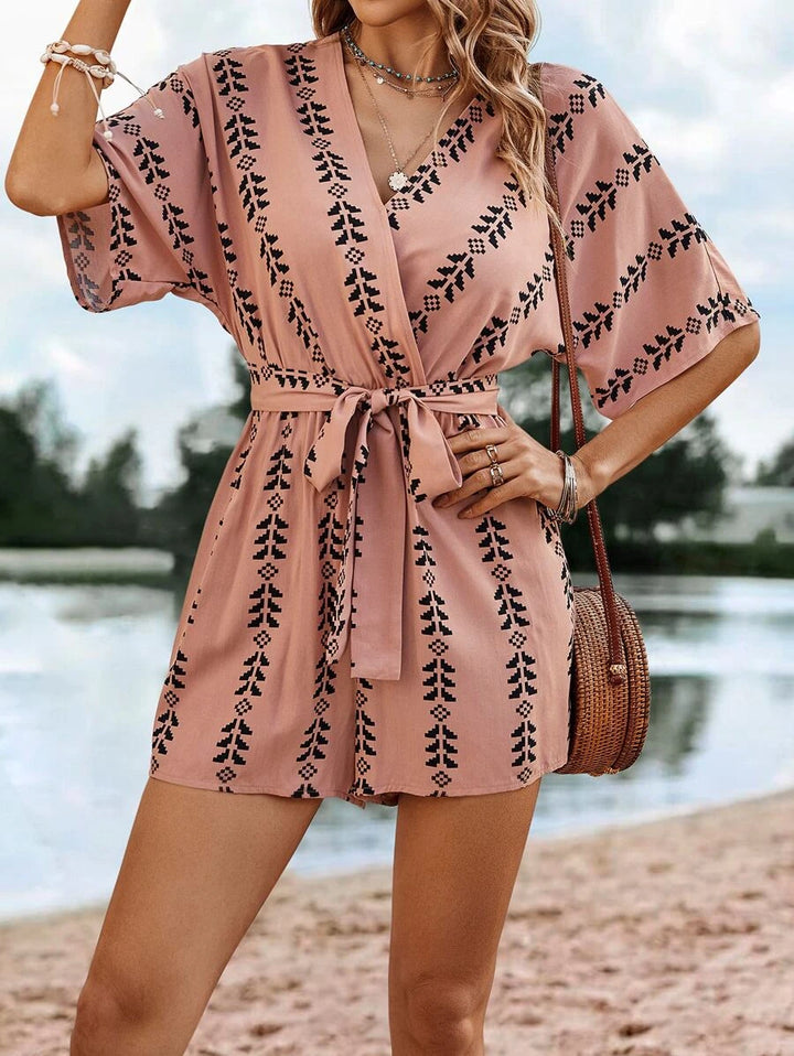 Allover Print Batwing Sleeve Belted Romper