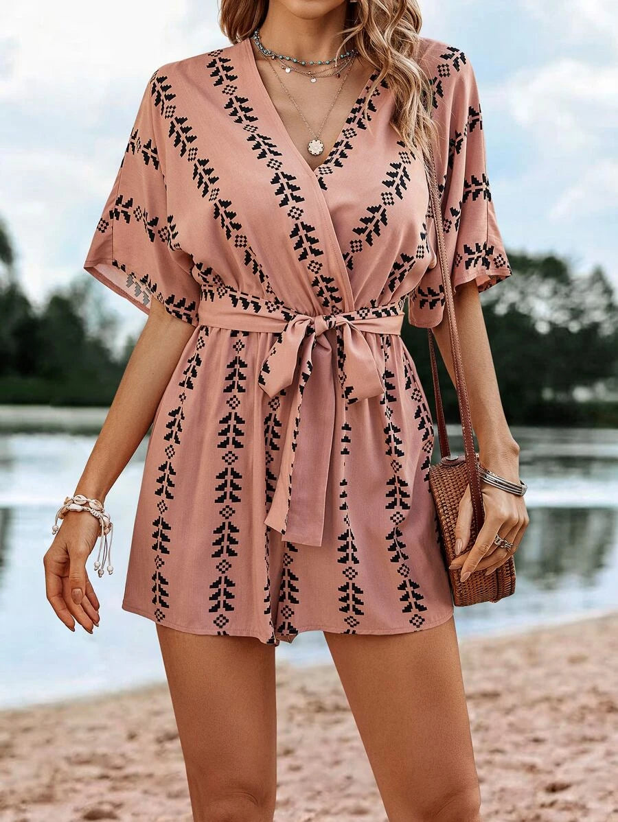 Allover Print Batwing Sleeve Belted Romper