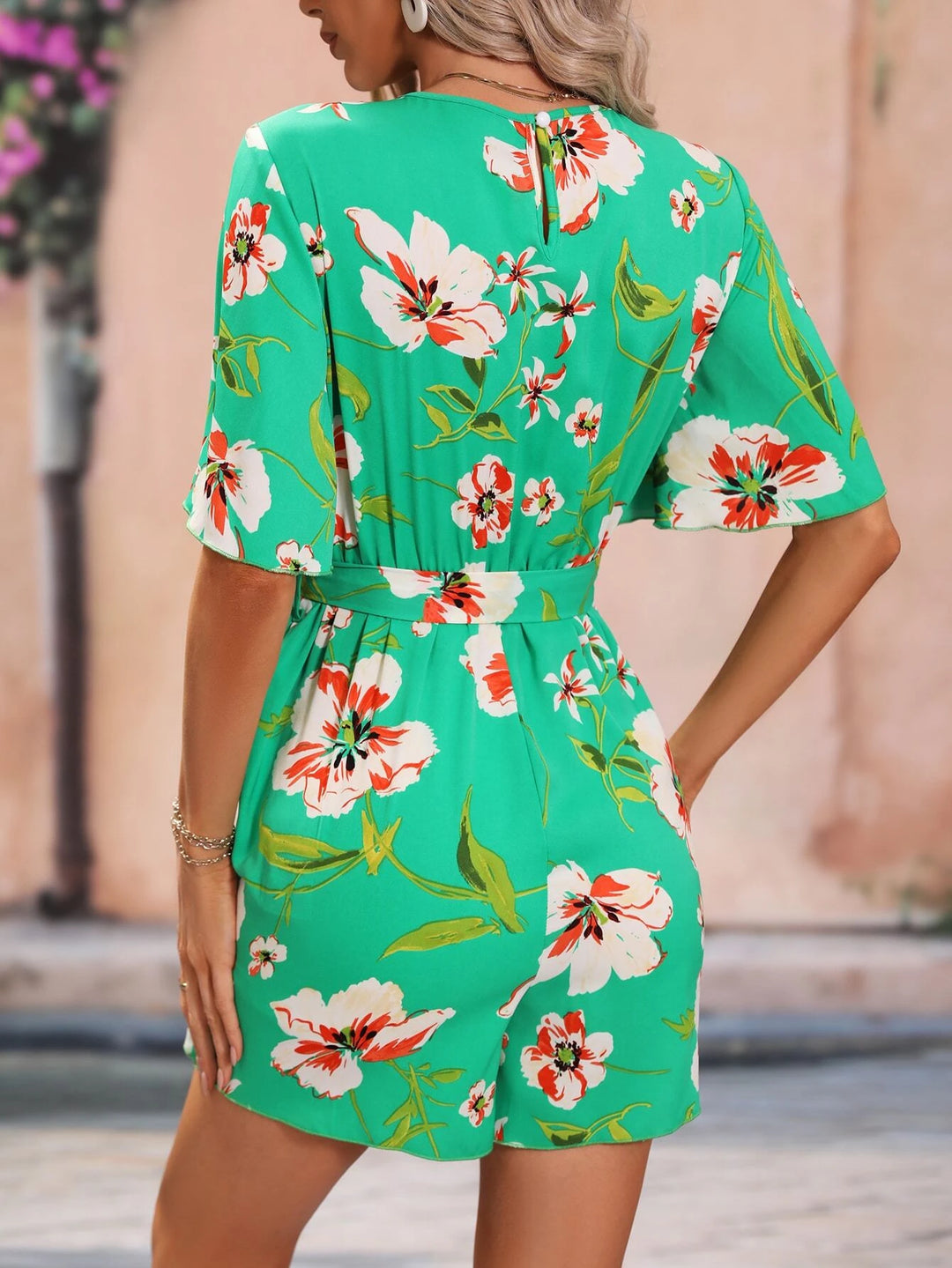 Floral Pattern Belted Romper