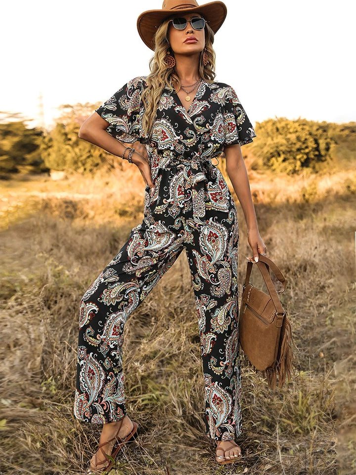 Print Butterfly Sleeve Belted Jumpsuit