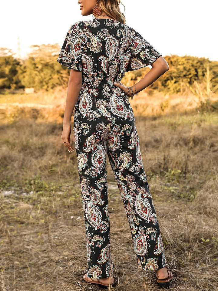 Print Butterfly Sleeve Belted Jumpsuit