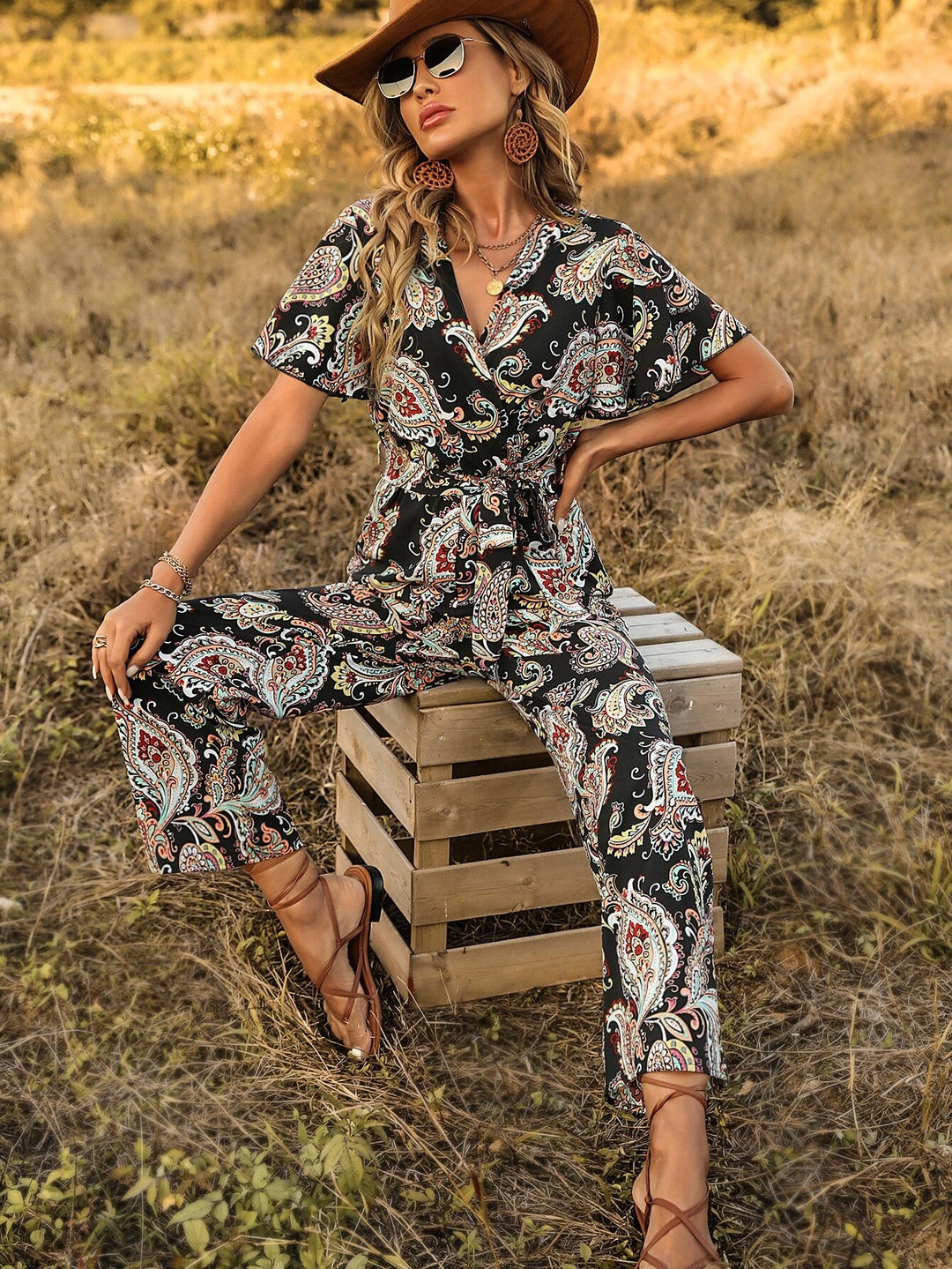 Print Butterfly Sleeve Belted Jumpsuit