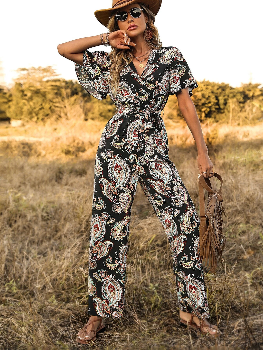 Print Butterfly Sleeve Belted Jumpsuit