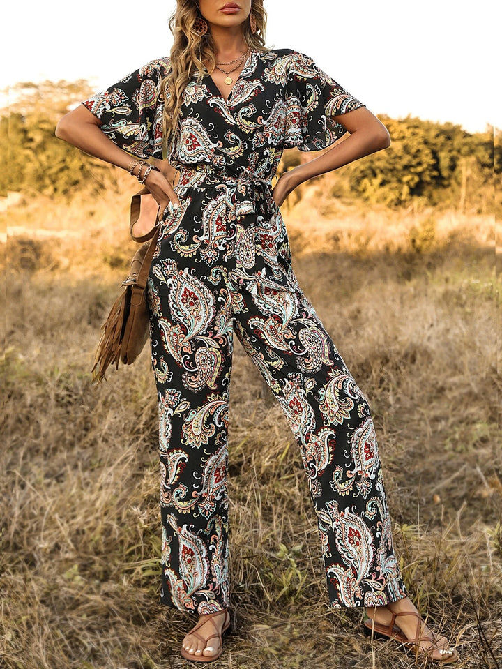 Print Butterfly Sleeve Belted Jumpsuit