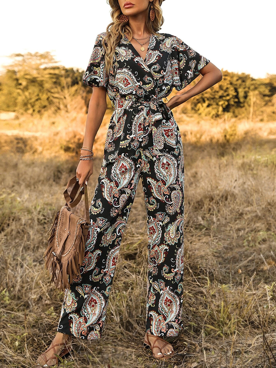 Print Butterfly Sleeve Belted Jumpsuit