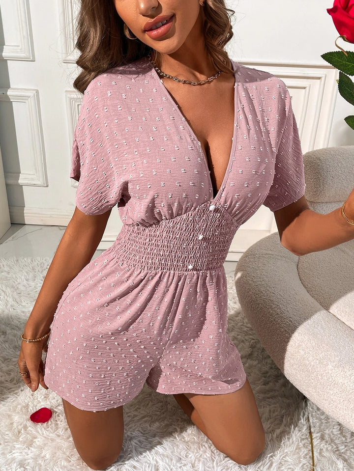 Swiss Dot Shirred Plunging Neck Batwing Sleeve Romper