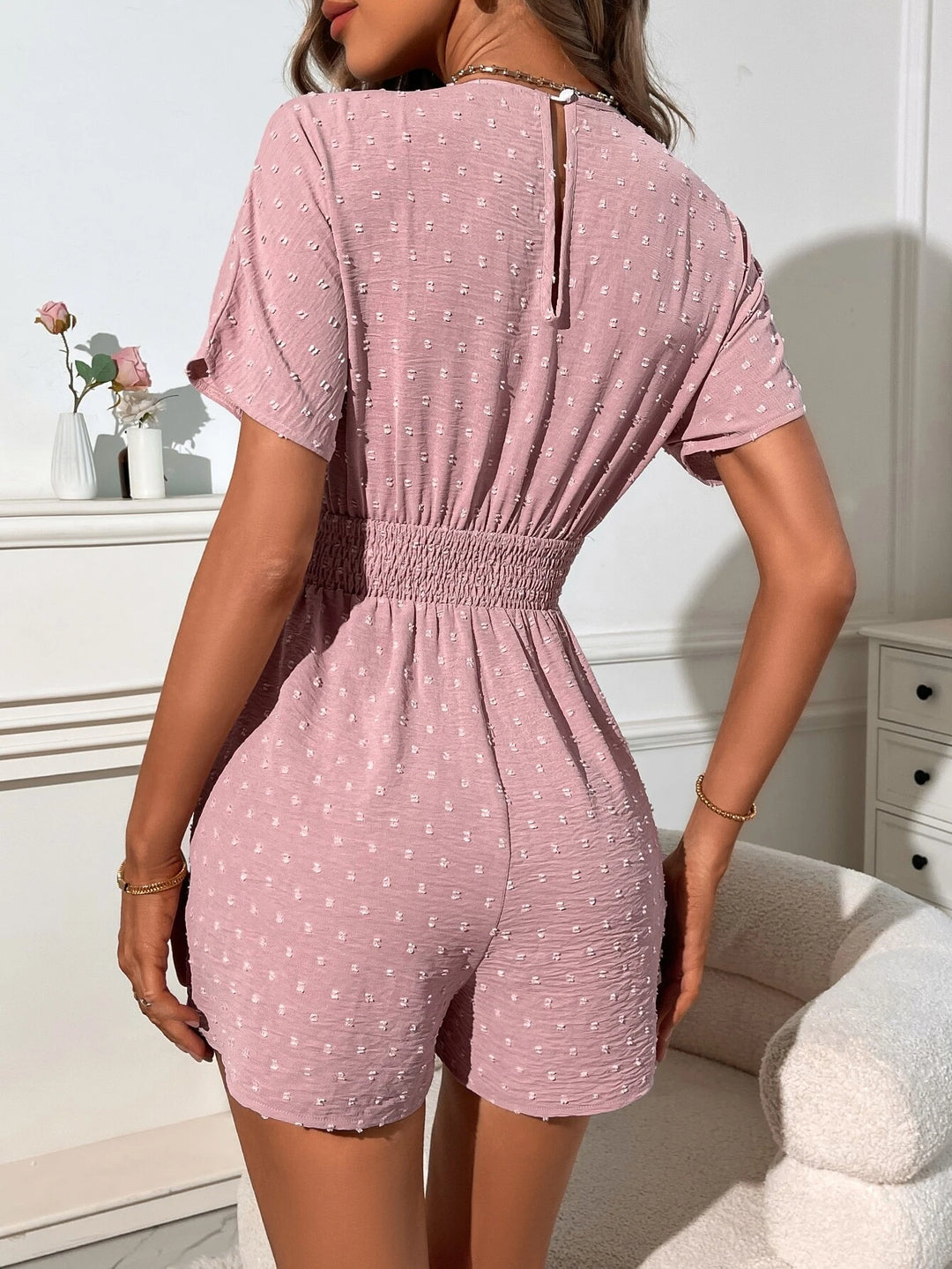 Swiss Dot Shirred Plunging Neck Batwing Sleeve Romper