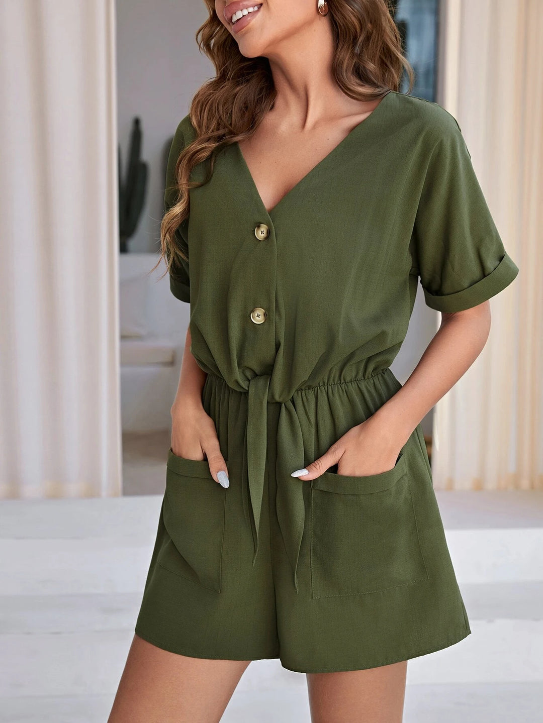 Roll Up Sleeves Dual Pocket Romper