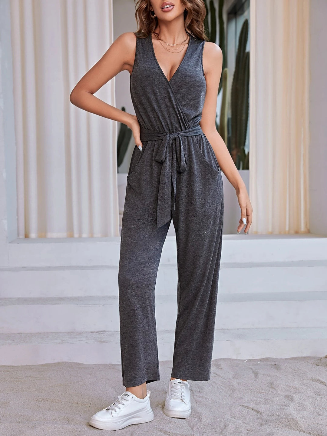 Surplice Neck Belted Tank Jumpsuit