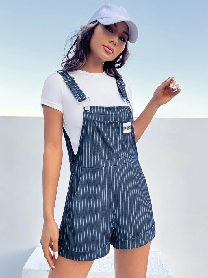 Striped Patch Detail Overall Romper Without Tee