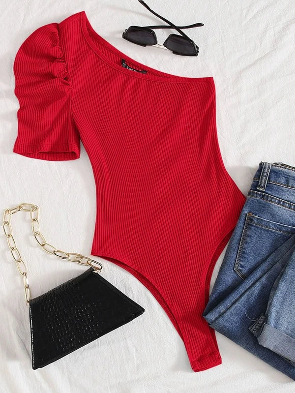 Ribbed Knit One Shoulder Puff Sleeve Plain Bodysuit