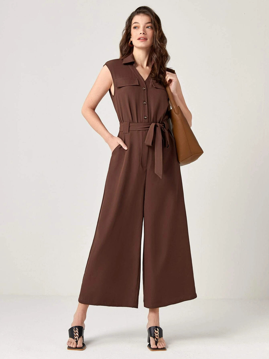 Button Front Belted Wide Leg Jumpsuit