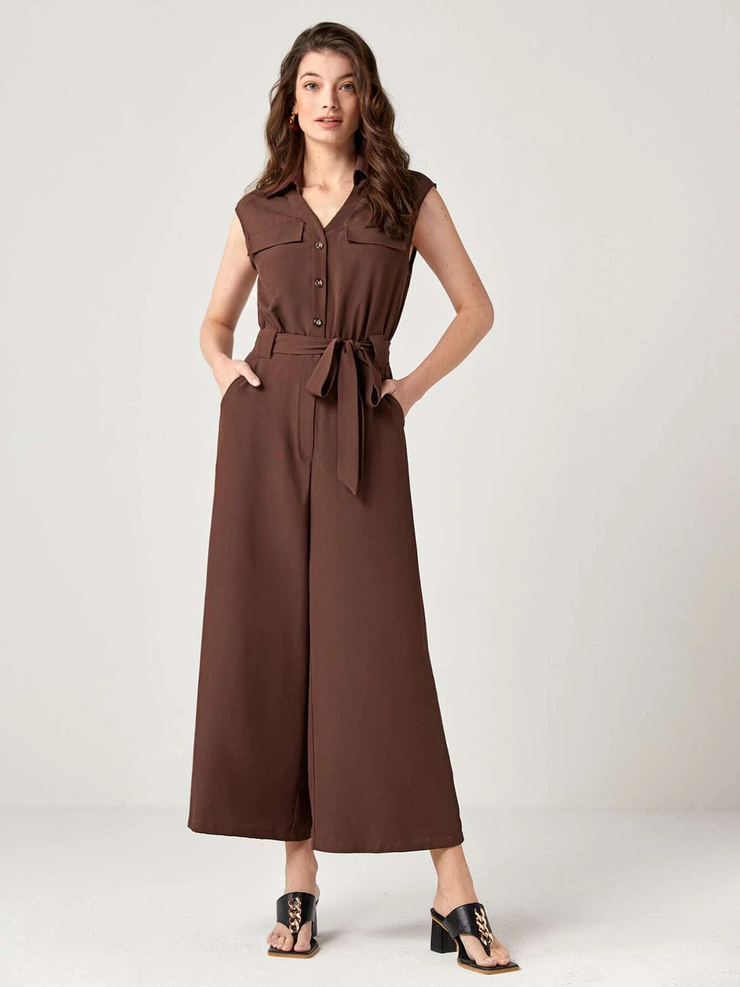 Button Front Belted Wide Leg Jumpsuit