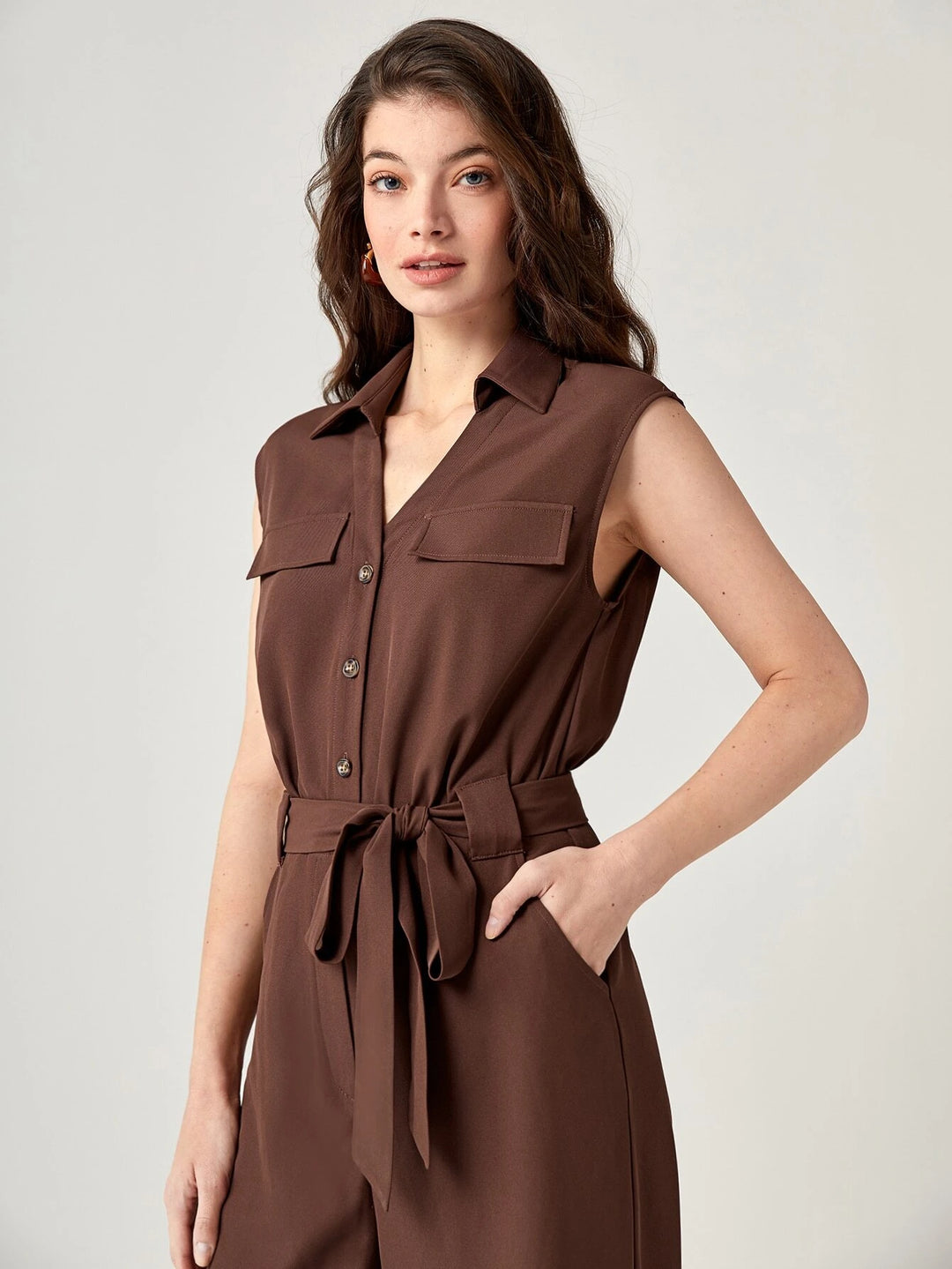 Button Front Belted Wide Leg Jumpsuit