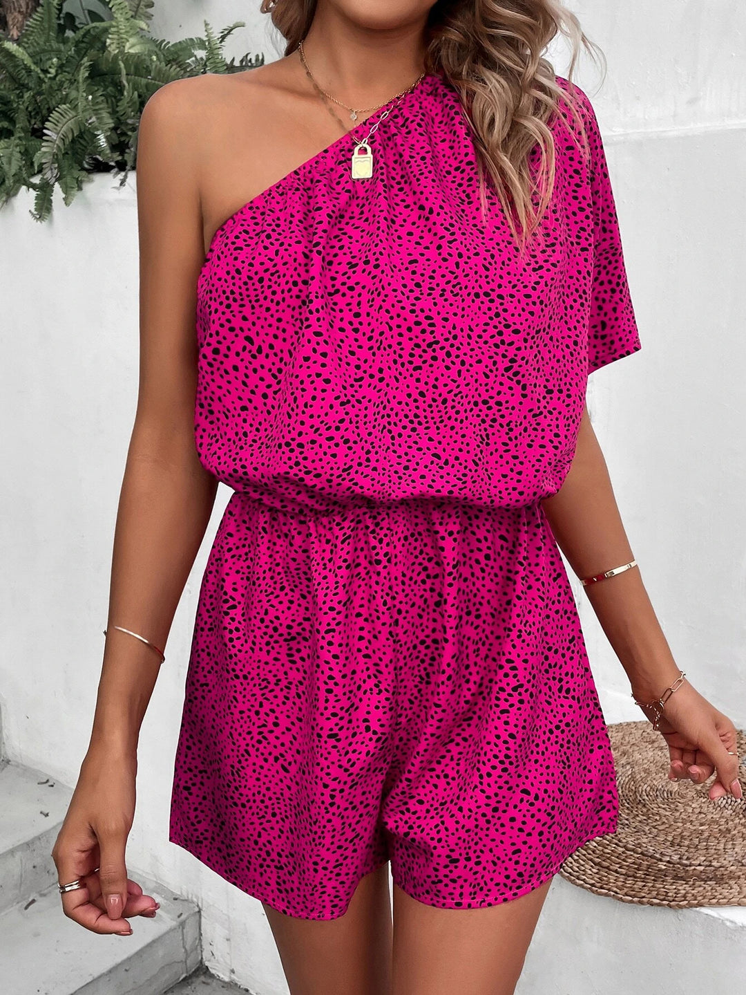 Printed One Shoulder Batwing Sleeve Romper