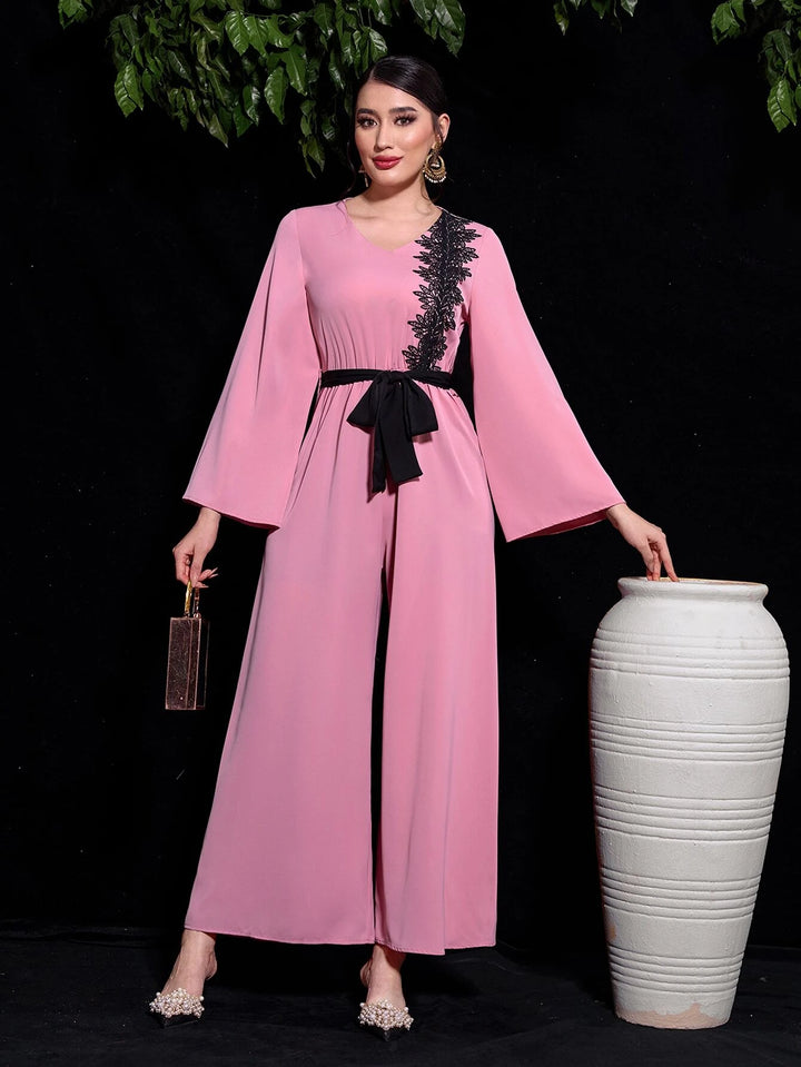 Long Trumpet Sleeve Belted Jumpsuit